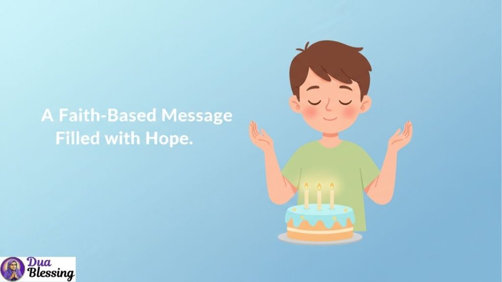 Boy praying with birthday cake.