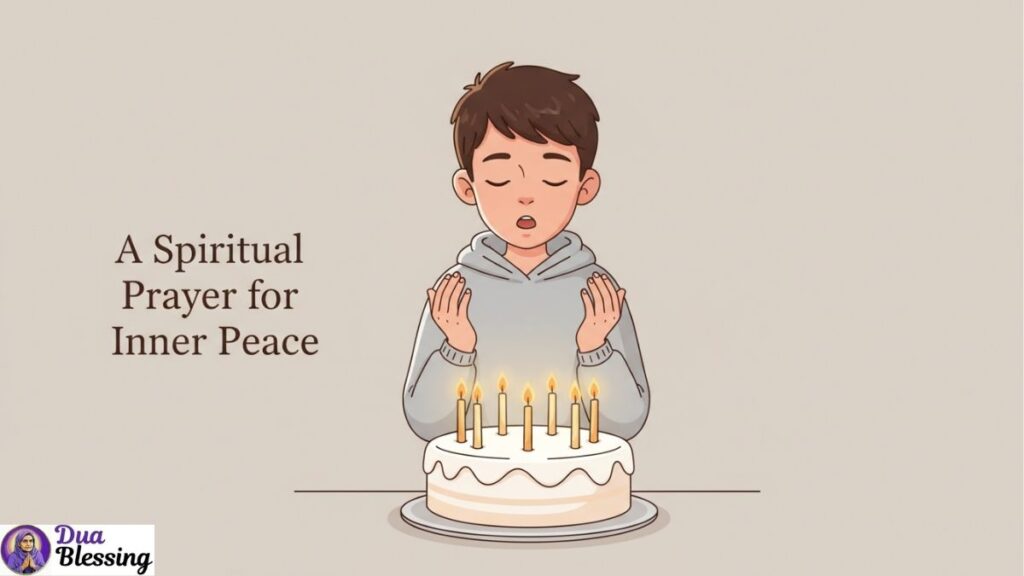 Boy praying over birthday cake candles.