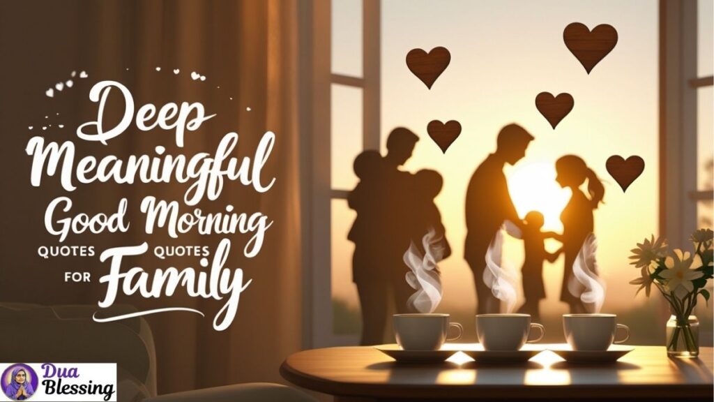 Family silhouette with coffee at sunrise.