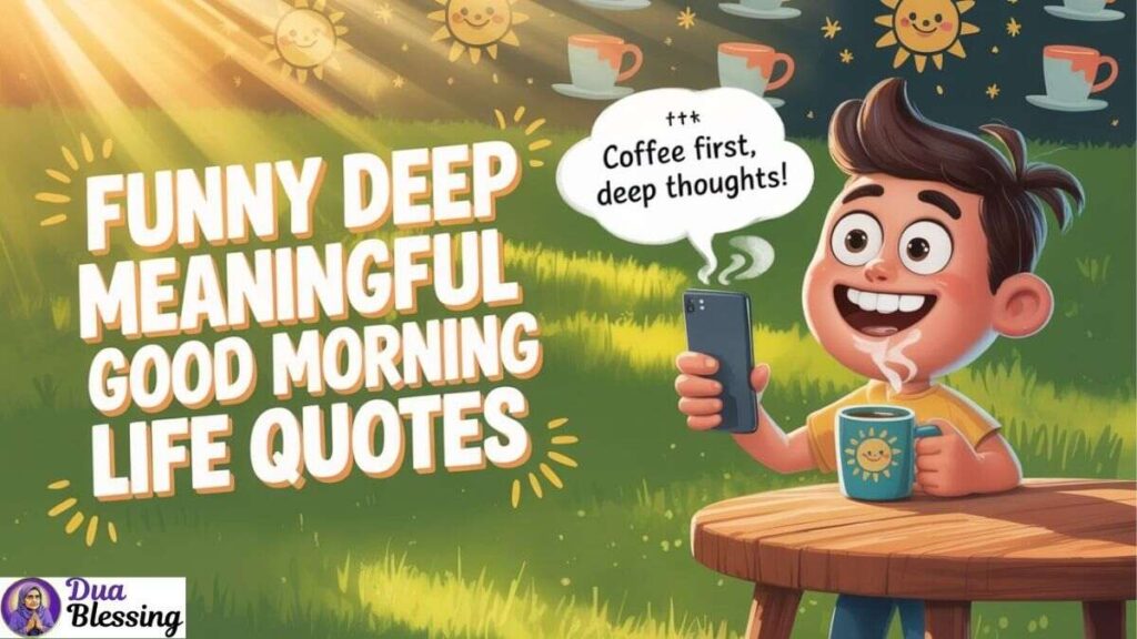 Cartoon boy with coffee and phone.
