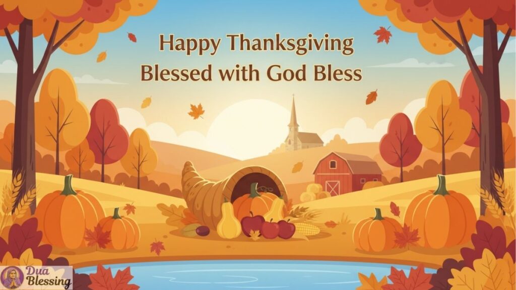 Thanksgiving blessing with pumpkins and farm.