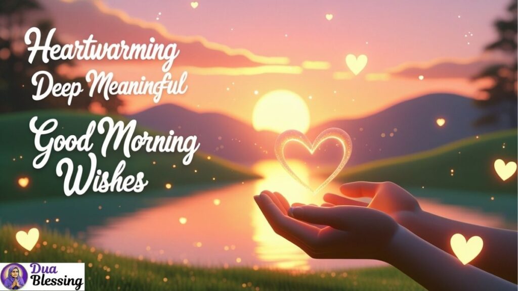Hands holding glowing heart at sunrise.